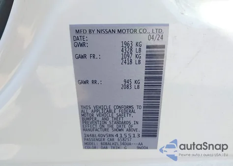 2024 Nissan Altima Sv Fwd z USA, uszkodzony, nr VIN 1N4BL4DV5RN415513